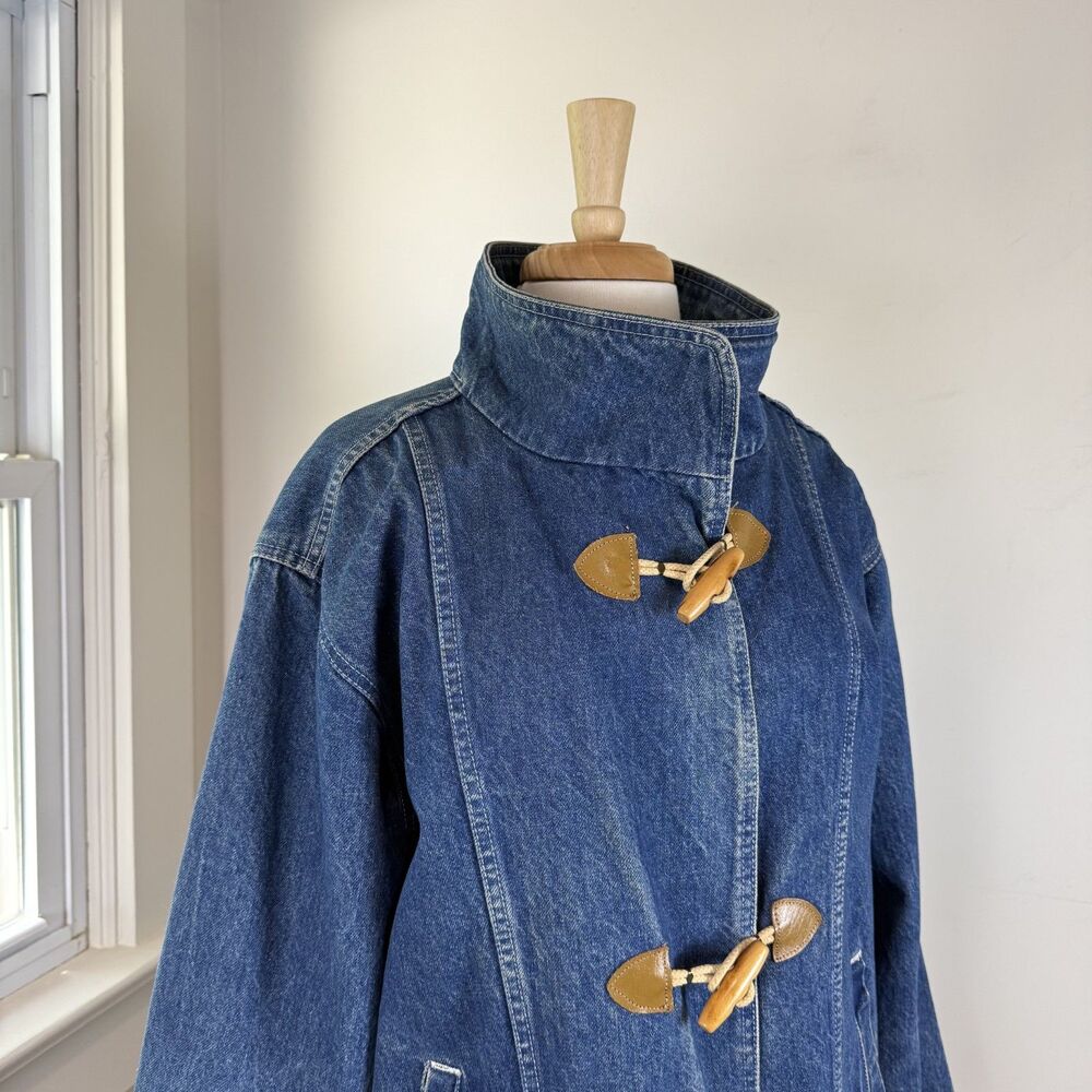 Vintage Denim Duffle Coat | USA Made, Wood Toggle 100% Cotton Jean Jacket - Picture 3 of 12